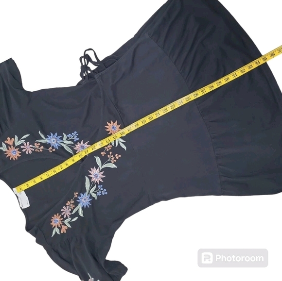 ASOS Black Embroidered Puff Sleeve Wrap Mini Dress Size 14 - Picture 7 of 12